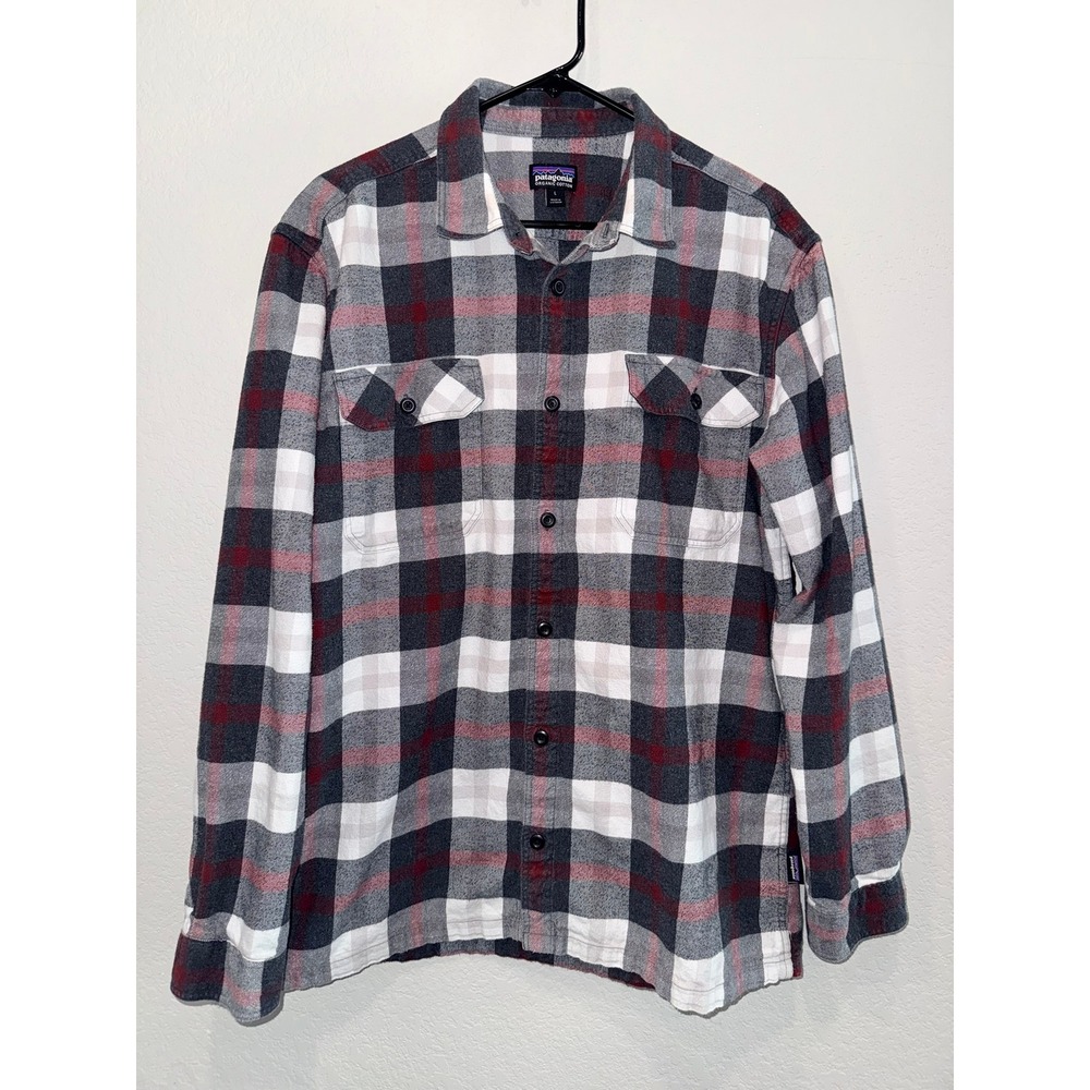 Patagonia Fjord Flannel Shirt Mens L Heavyweight Plaid Gray Red Organic Cotton
